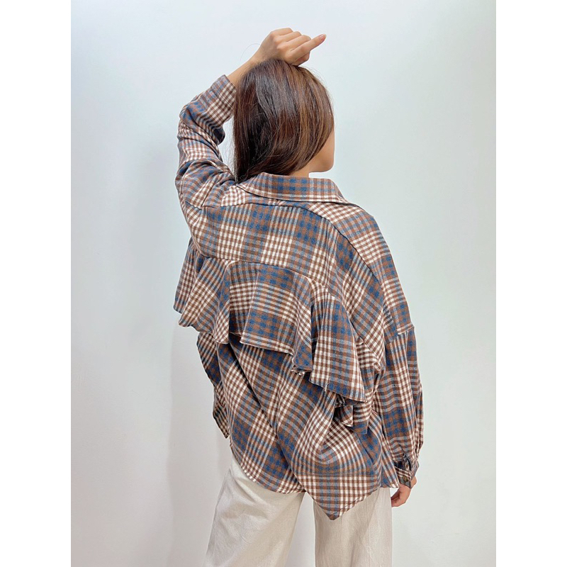 Baju oversize wanita kotak kotak / Loose Top Flanel / kemeja oversized ruffle flanel tartan hem 3409