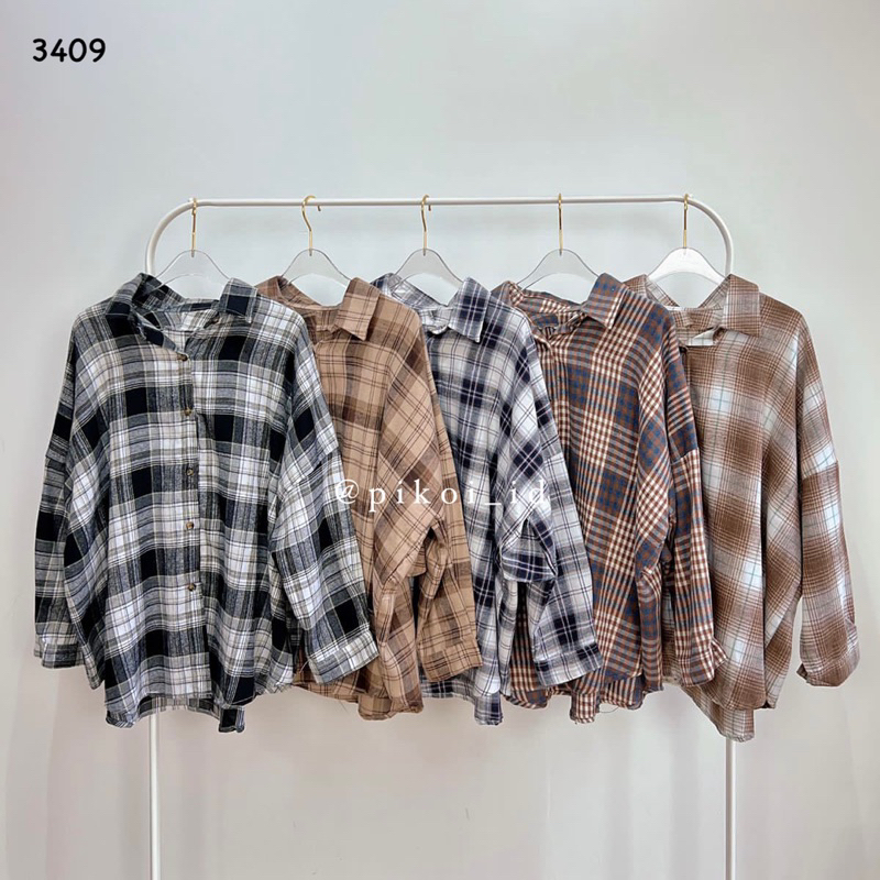 Baju oversize wanita kotak kotak / Loose Top Flanel / kemeja oversized ruffle flanel tartan hem 3409