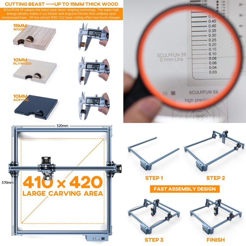 SCULPFUN S9 Mesin Ukiran Laser Ultra-halus Logam Penuh Mesin Ukiran Laser Akrilik Kayu Pengukir pemotongan laser Pengukir ukiran laser ultra-tipis 410x420mm