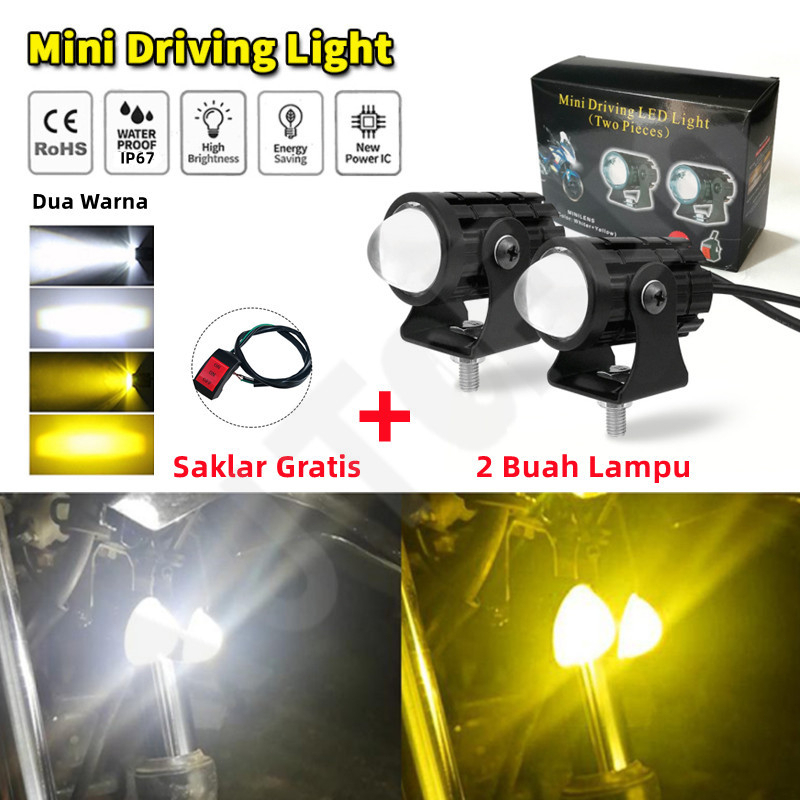 25W Lampu Mengemudi Mini Putih + Kuning Sepeda motor dipimpin lampu sorot meriam baja kecil dua warna jauh dan dekat satu tahan air super terang