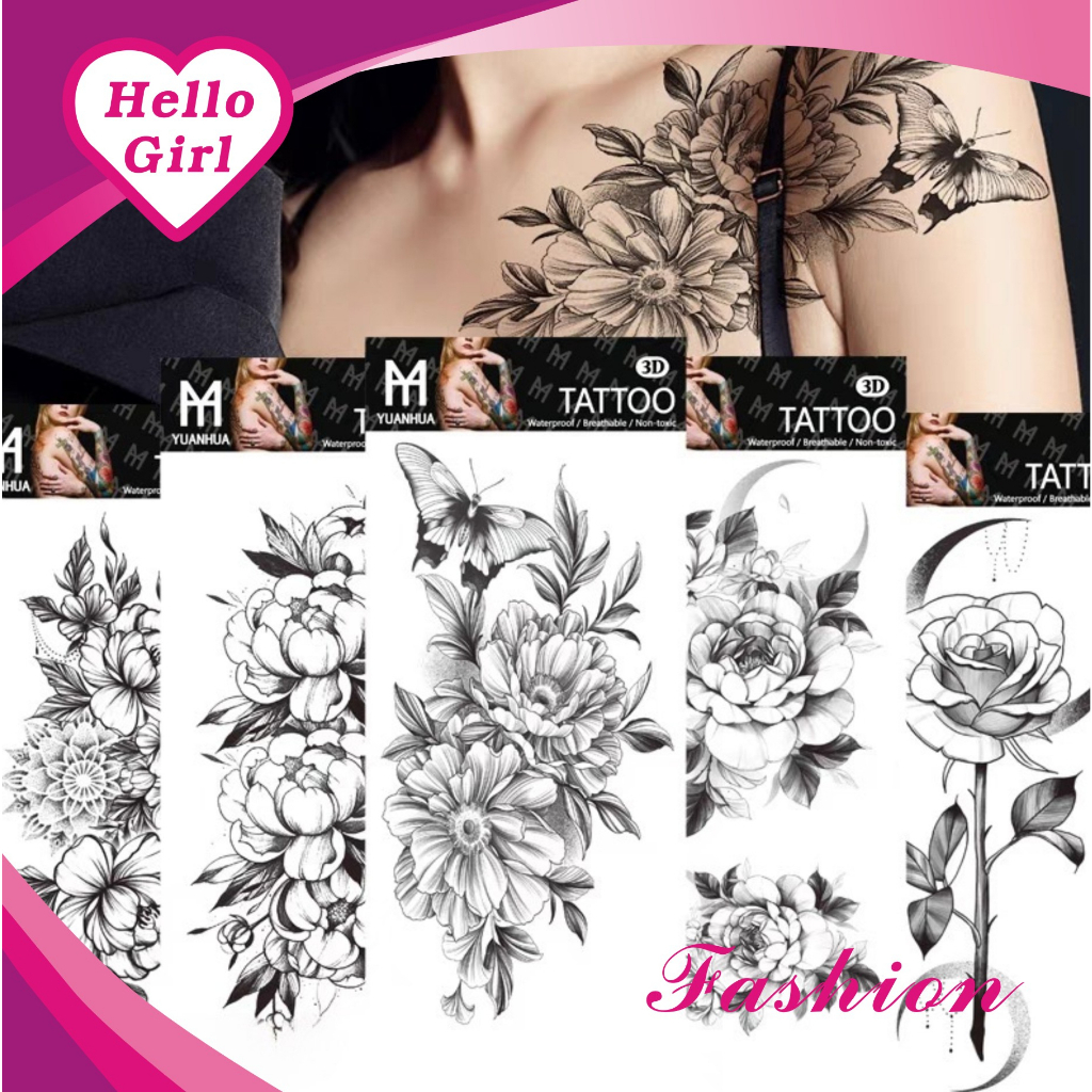 (Hello Girl)F223 Tatto Temporary Ukuran 9,5Cm X 21Cm Model Bunga Hewan Dan Tulisan Import