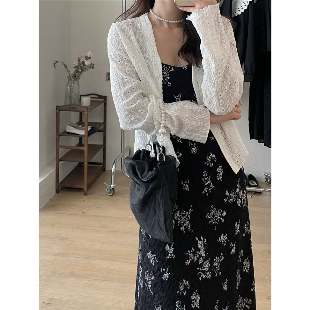 Korean style Retro Gaun bunga Longgar Sleeveless+Lace Blouse Lengan Panjang