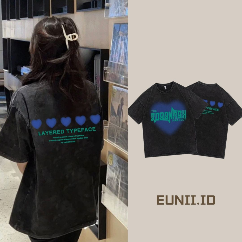 EUNII T-shirt Lengan Pendek Black Washed Vintage Blue Heart Printing Korean Style/Kaos Atasan Wanita/Baju Wanita