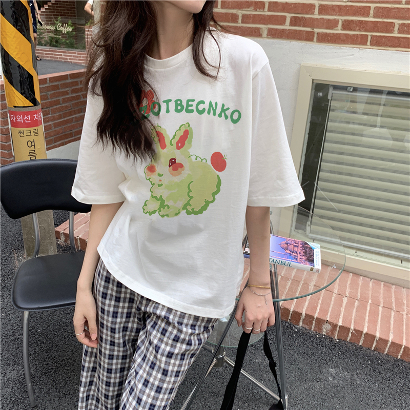 XiaoZhaiNv Kaos Atasan Wanita Green Bunny Pattern Lengan Pendek A0787