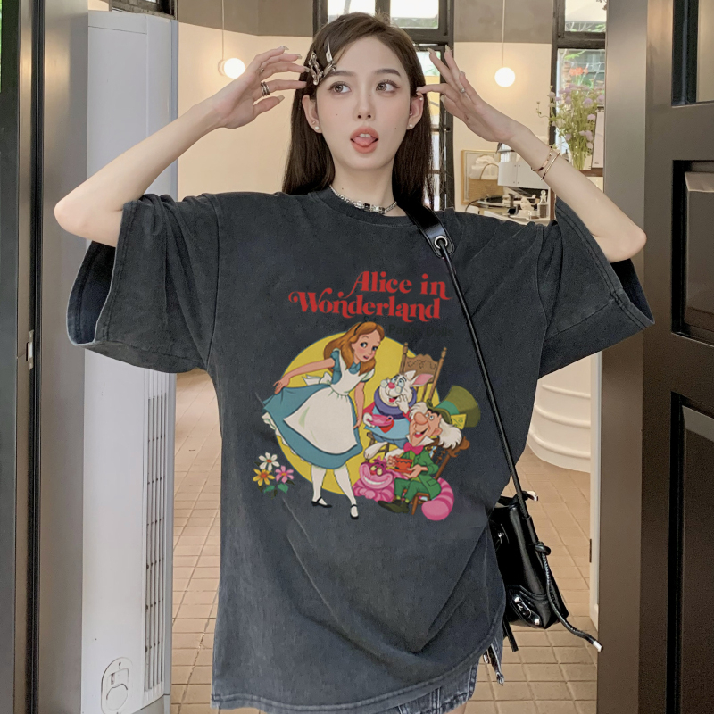 Print Washed T-shirt Kaos Lengan Pendek Oversize Cartoon Alice Korean Style Atasan Wanita