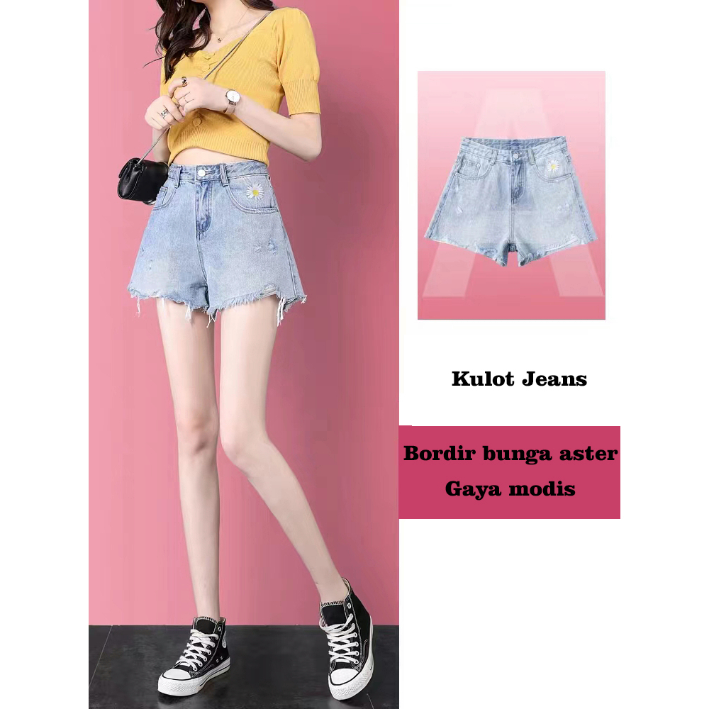 【wanita_id】Celana Pendek Wanita Bunga Daisy celana jins pendek korean style highwaist denim cewek fashion wanita