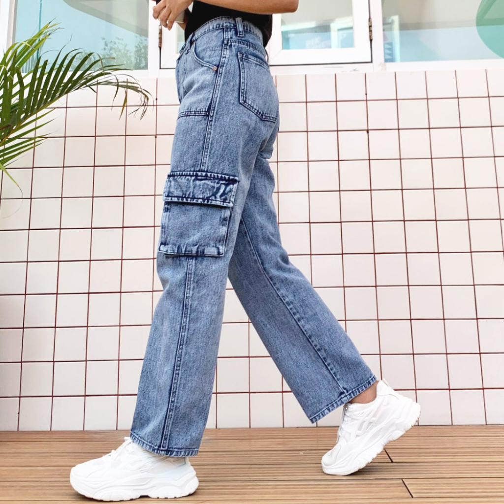 Celana Cargo Wanita bahan Jeans / Jeans Highwaist Pocket / Cargo Jeans Keyza | Celana Kargo HOPYLOVY