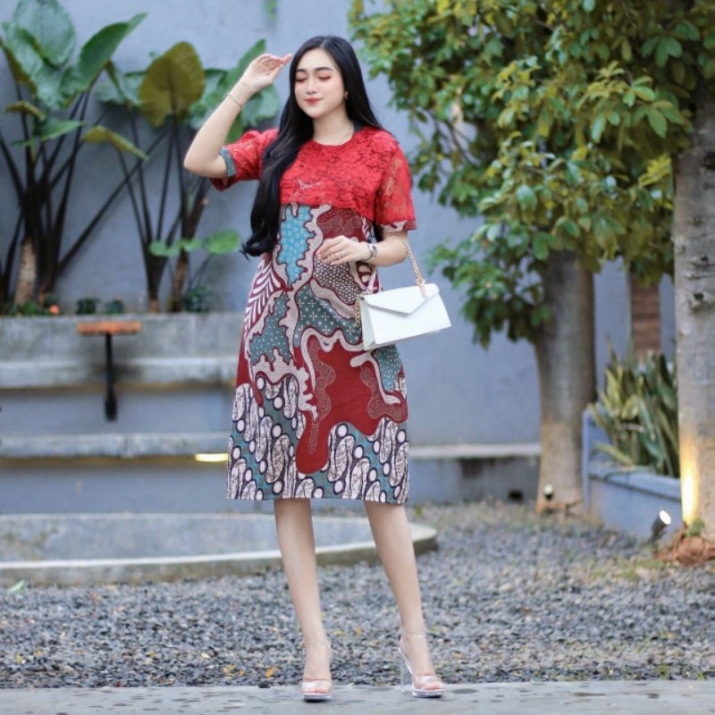 dress brokat kombinasi batik