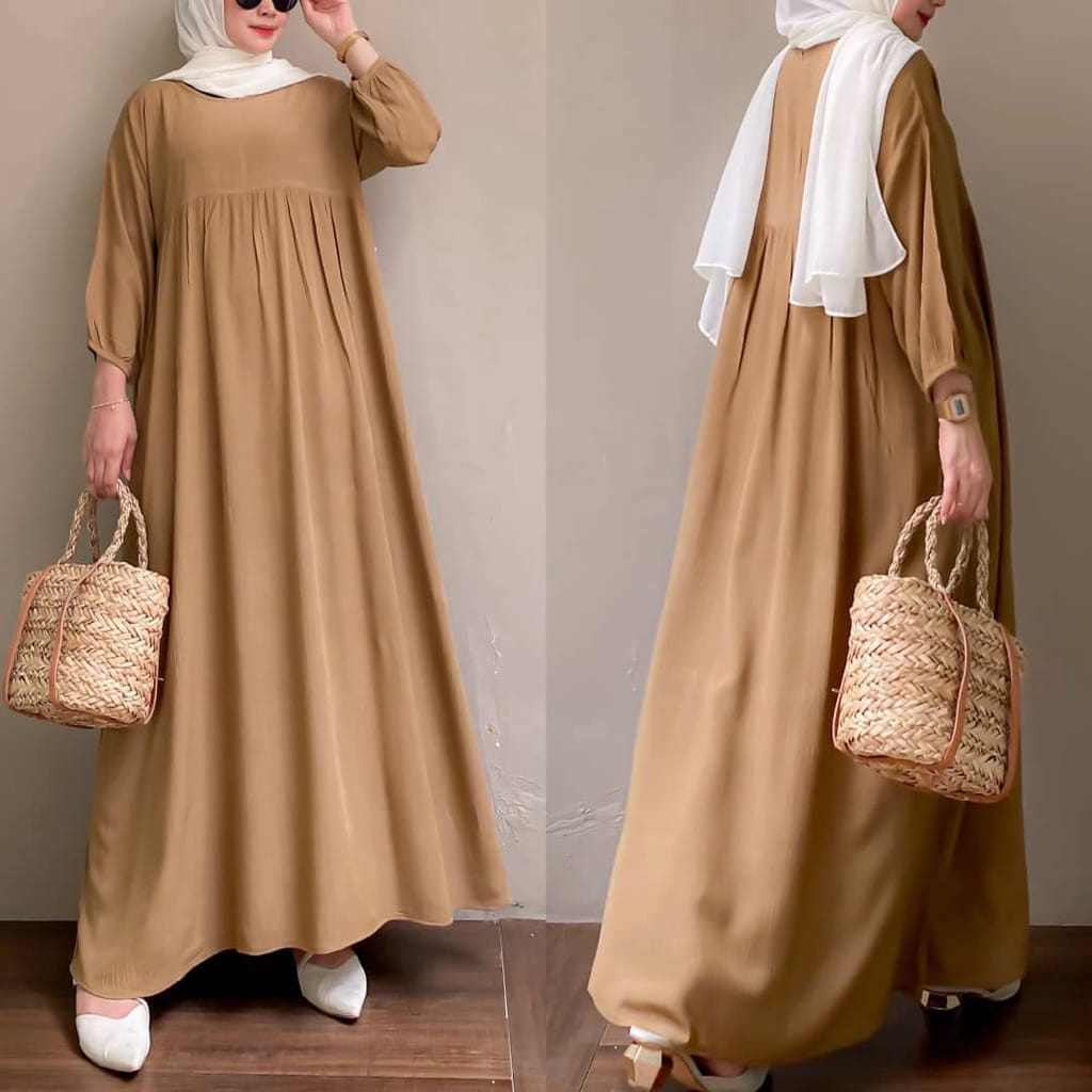 Sandra Midi Dress Gamis Tanggung Baju Muslim Harian Bahan crincle Pakaian Wanita Muslimah Fashion Ce