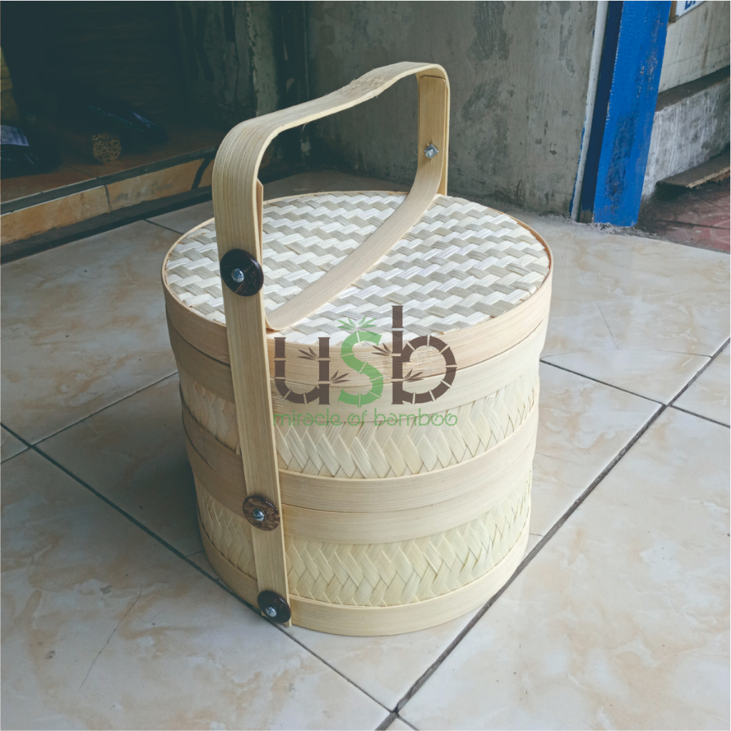 Wadah Makanan dari Anyaman Bambu Model Rantang Bulat Diameter 25 cm Susun 2