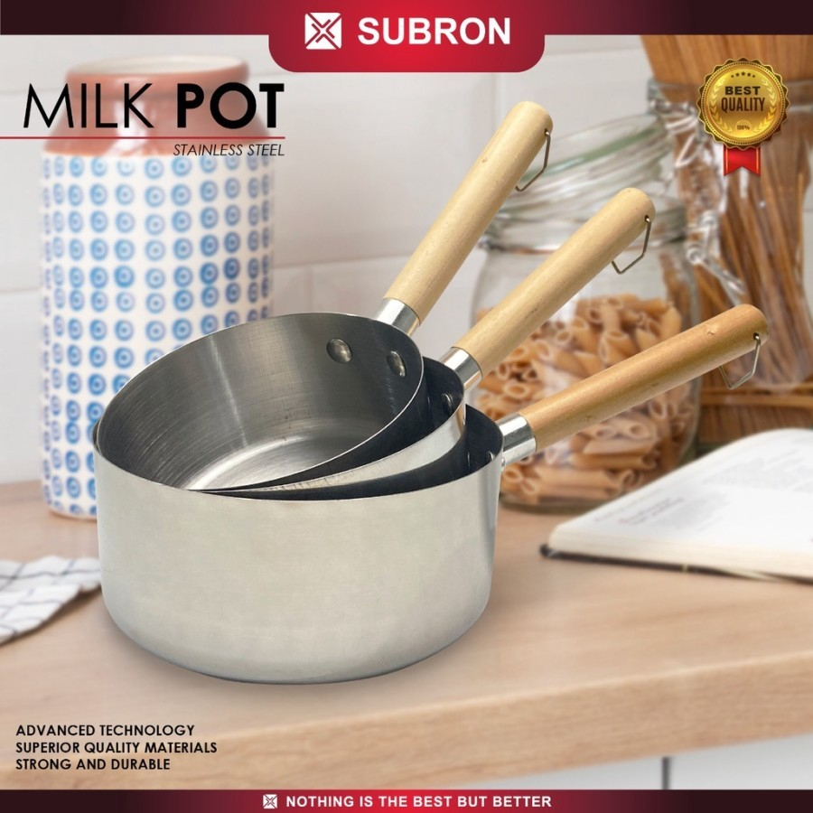 SUBRON Panci susu Milk Pot Pegangan Kayu 14cm 16cm Stainless Steel