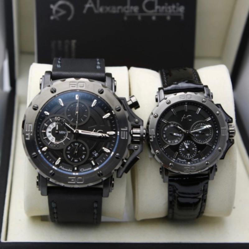 new  jam tangan couple  alexander cristie  ac9205 original black rose gold leather