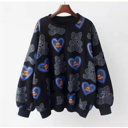 Love Bear Fullprint Sweater Lucu Wanita - LOVE BEAR Pull Print Crewneck Sweaetr Oversize - Sweatshirt Wanita