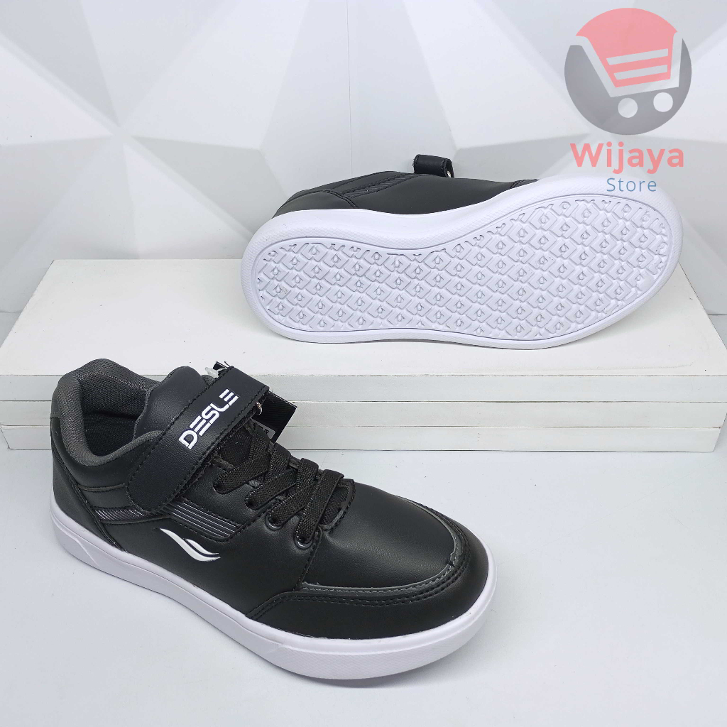 Sepatu Sekolah Desle 34-37 Sneaker Anak Boot Tinggi Hitam Polos Putih Bahan Kulit Sintetis Premium Strap Velcro CALVIN LUTHER KEVIN COSTNER
