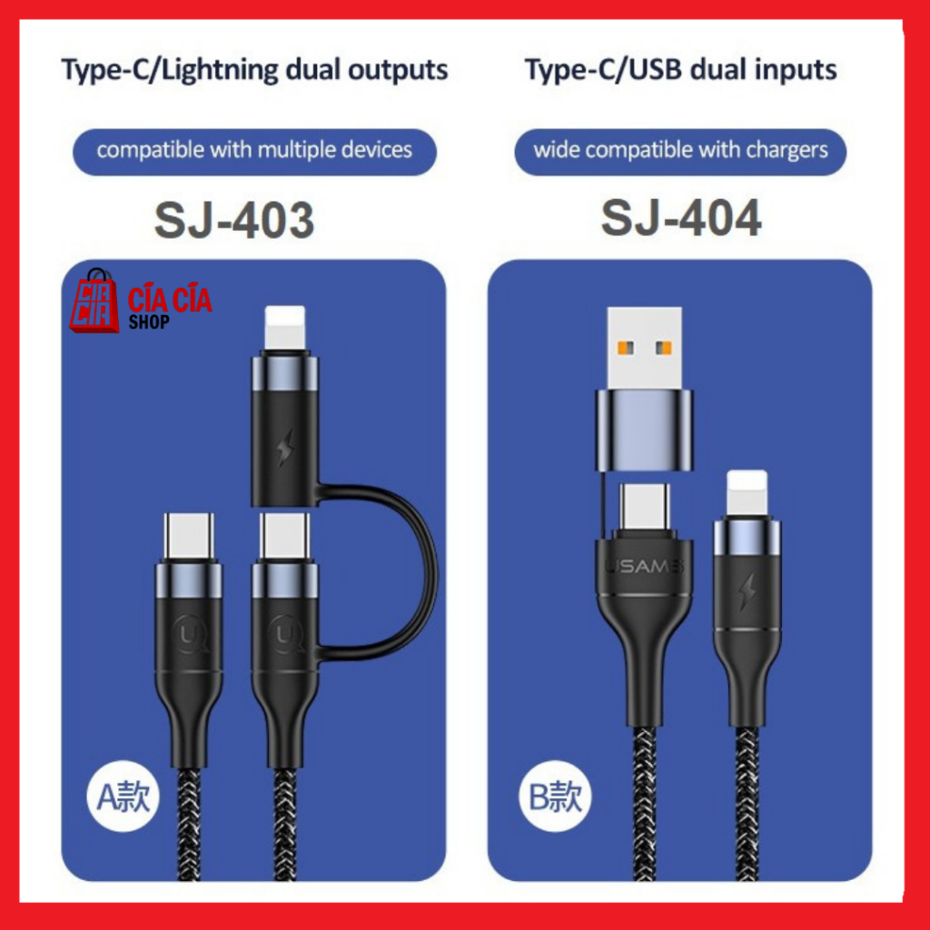 USAMS U31 Kabel Charger 2 IN 1 USB+Type C to Type C+Lightning PD Fast Charging 60W Dual Cable Charger