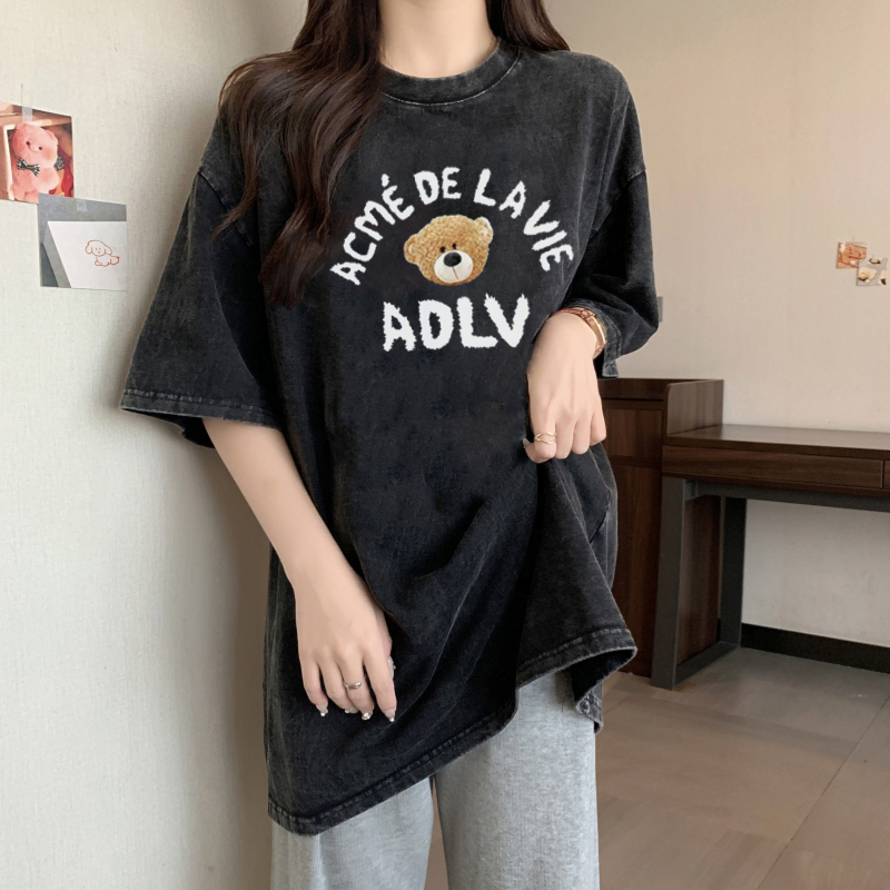 XiaoZhaiNv Korean Style Boneka Beruang Pattern Washed Printing Kaos Wanita A0922/Baju Wanita Kekinian