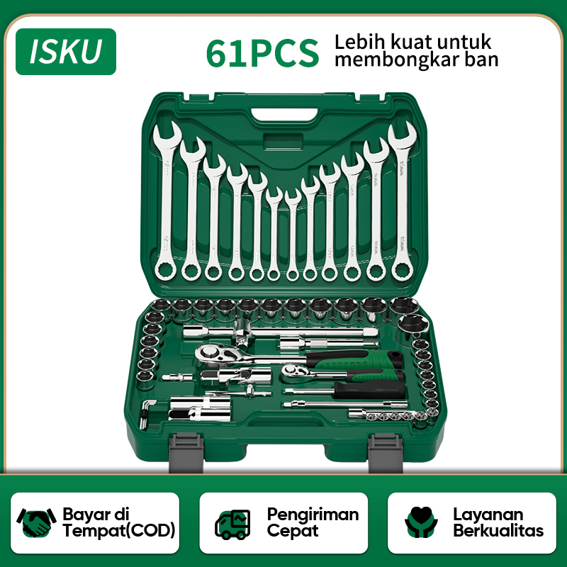 Isku Set Alat Kunci Pas 61 Potong Wrench Ring Wrench Set Auto Tool Set Tool Box Kunci Torsi Tool Set Motor Wrench Set/Tool Set Box  /Kunci Pas Tangan Kotak Alat Kunci Pas Mata Sok  Perbaikan Otomatis TOOL KIT