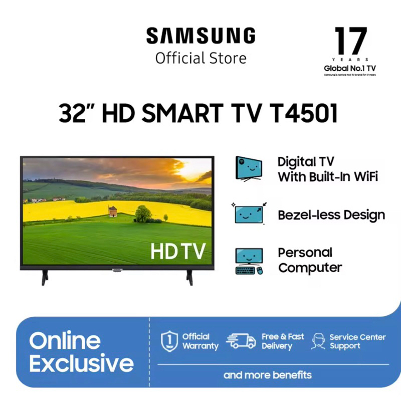 Samsung T4501 32 inch, Smart TV, HDR with PurColor, Ultra Clean View, Browser/ Netflix/YouTube, Dolb