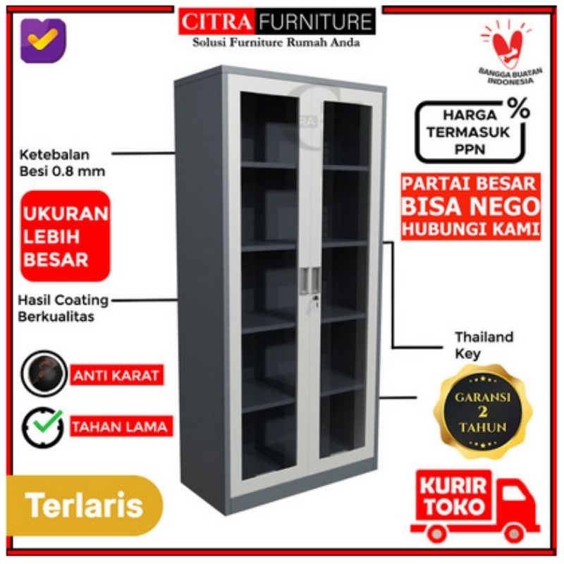 Lemari Arsip Besi Kantor|Filling Kabinet Loker|Locker Karyawan|Sliding - Swing Kaca, TANPA RAKIT