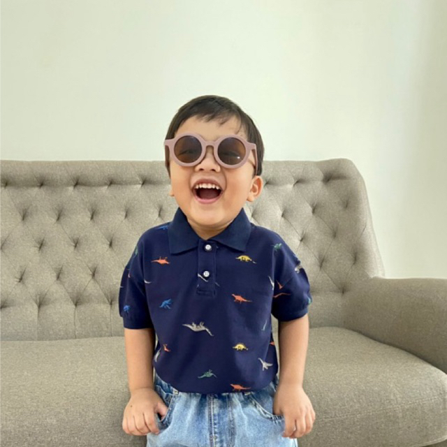 Kaos kerah polo shirts poloshirt dino dinosaurus biru navy blue anak import premium bagus keren high