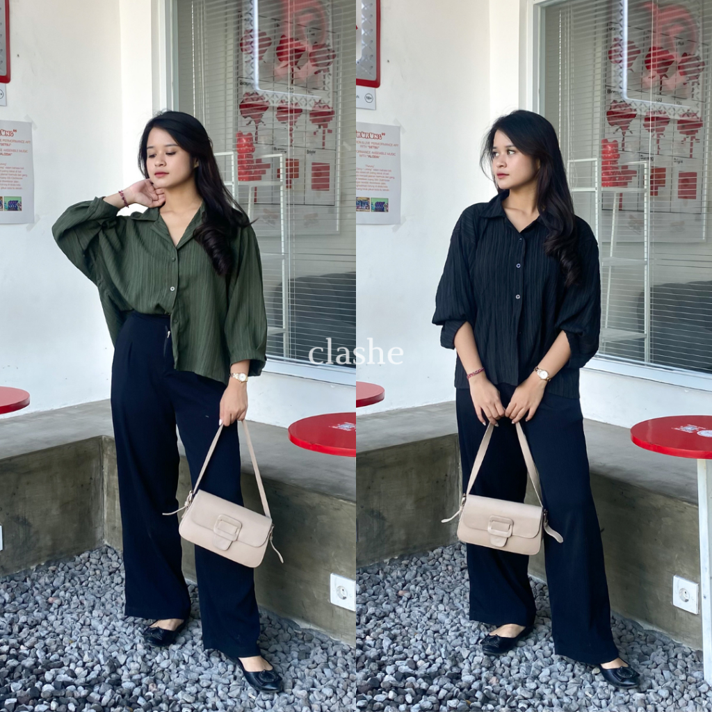 Kemeja Oversize Wanita Lengan Panjang Lady Crush Crinkle Anti Lecek Terbaru Kekinian Korean Style Ootd Uzzy Shirt by Clashe