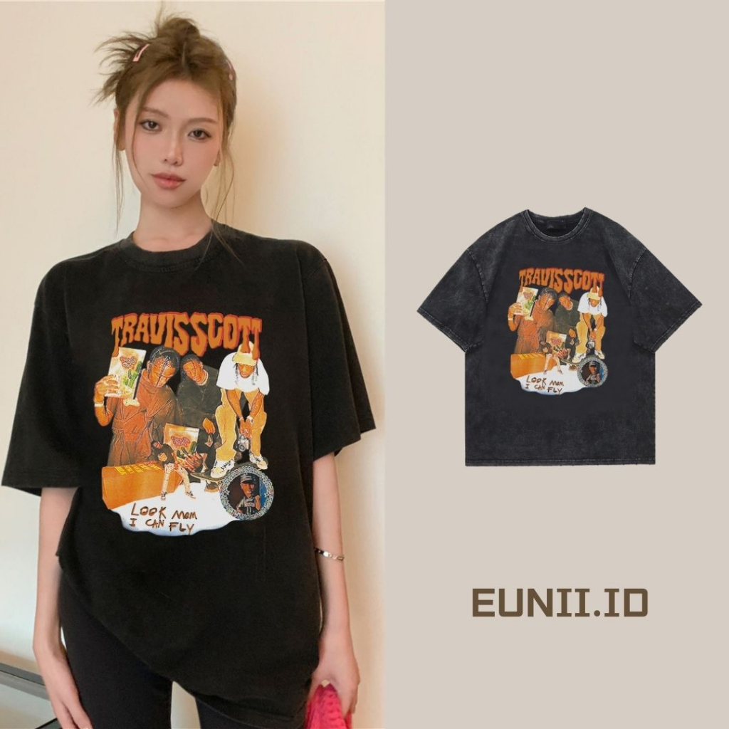 EUNII T-shirt Lengan Pendek Black Washed Retro Hip-Hop Boy Printing Korean Style/Kaos Atasan Wanita/Baju Wanita/Kaos Wanita