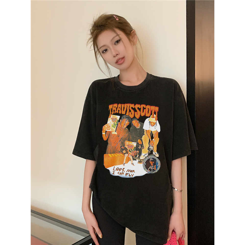 EUNII T-shirt Lengan Pendek Black Washed Retro Hip-Hop Boy Printing Korean Style/Kaos Atasan Wanita/Baju Wanita/Kaos Wanita