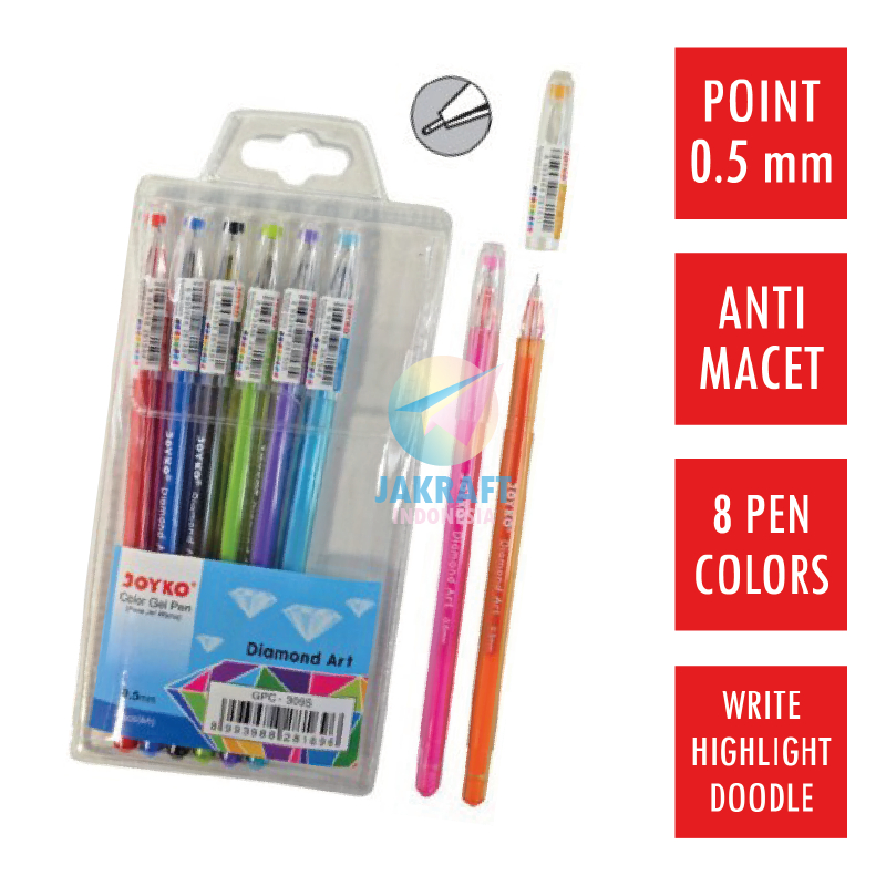 

(8 Pcs) Pulpen Highlighter Gel Pen Joyko GPC-309S Diamond Art (0.5 mm) Warna Warni Fancy Scrapbook