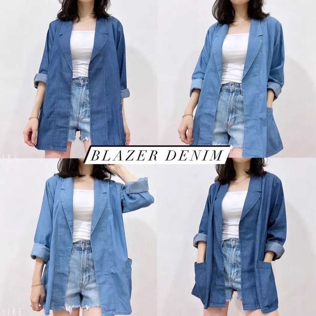 MBO BLAZER WANITA LENGAN PANJANG BAHAN DENIM JEANS PREMIUM OUTER KANTOR OOTD ATASAN LUARAN WANITA