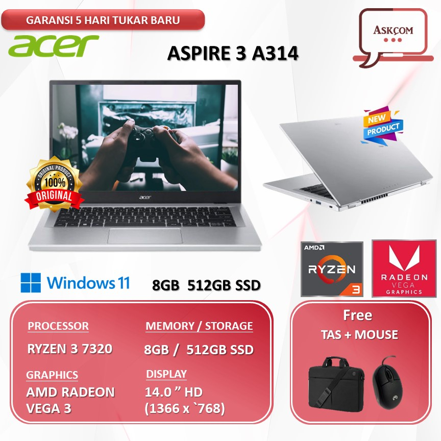 Laptop Acer Aspire 3 A314 RYZEN 3 7320 8GB 512GB SSD VEGA 3 W11PRE 14.0