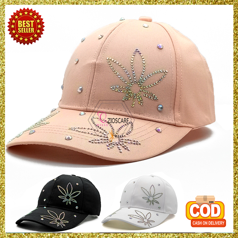 Topi Wanita Baseball Korea Motif Daun Manik Kristal Fashion Casual Cap Bahan Tebal Import BSBG