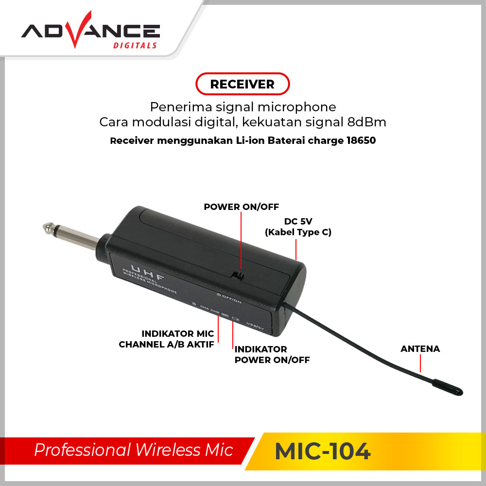 Mic Wireless ADVANCE MIC-104 Mikrofon Karaoke Profesional Microphone Wireless Single