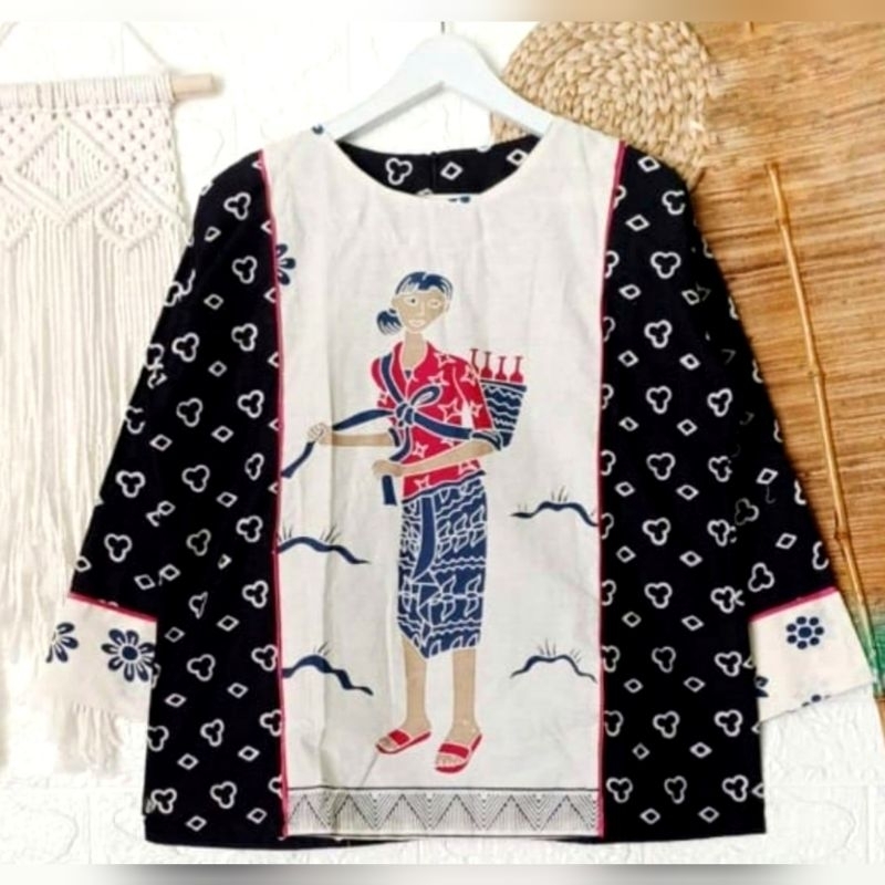 Shanaya Baju Batik Wanita Blus Mbok Jamu Cinde Hitam Blus simpel untuk sehari-hari dengan motif unik