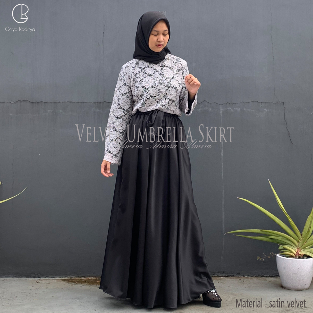 Rok Satin Panjang Payung Lebar Syari Kondangan Velvet Umbrella Skirt Almira Panjang 100cm