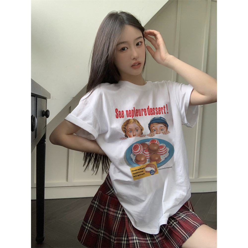 EUNII T-shirt Lengan Pendek Cartoon Dessert Printing Korean Style/Kaos Atasan Wanita/Baju Wanita/Kaos Wanita