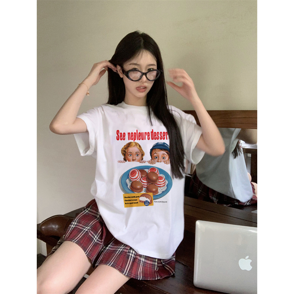 EUNII T-shirt Lengan Pendek Cartoon Dessert Printing Korean Style/Kaos Atasan Wanita/Baju Wanita/Kaos Wanita