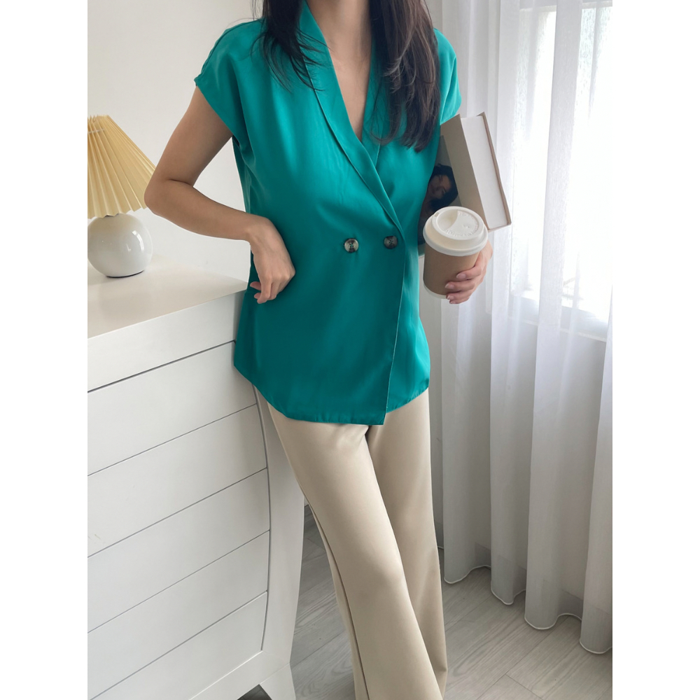 Kadaka T-0289 Top V Neck Blouse Wanita Detail Kancing