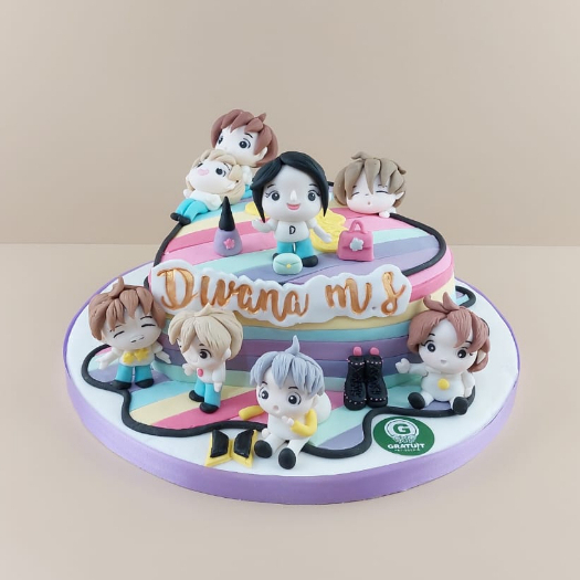 

CAKE TEMA BTS DAN FIGUR UK 20CM / KUE ULANG TAHUN