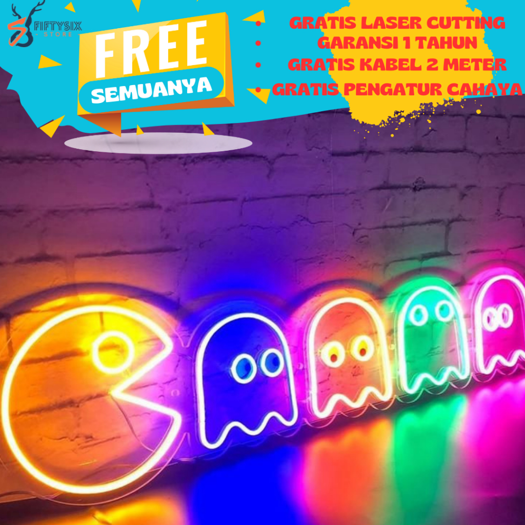Lampu Hias Dekorasi Neon Flex Custom karakter Pacman (ukuran 25cm)