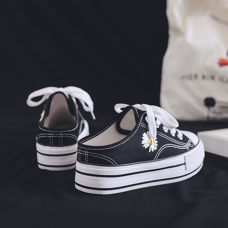 Gobra ♕ SEP031 (Tanpa Kotak) Sepatu Sneakers Wanita Setengah Motif Bunga Daisy Sporty Bahan Kanvas Model Korea Fashion Casual Sport Olahraga Import COD