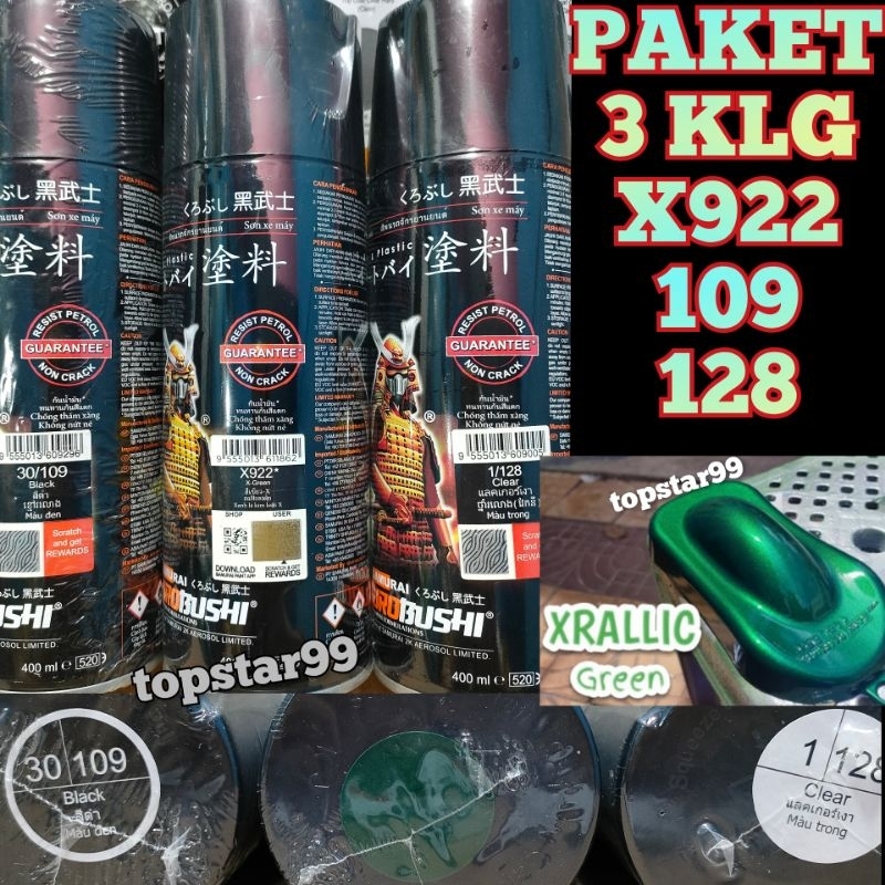 Samurai Paint Paket 3 Kaleng Pilok Pilox Cat Semprot Samurai Paketan Lengkap Hijau Xiralic Xirallic Green X922 922 Black 109 Clear Pernis Glossy 128 400ml