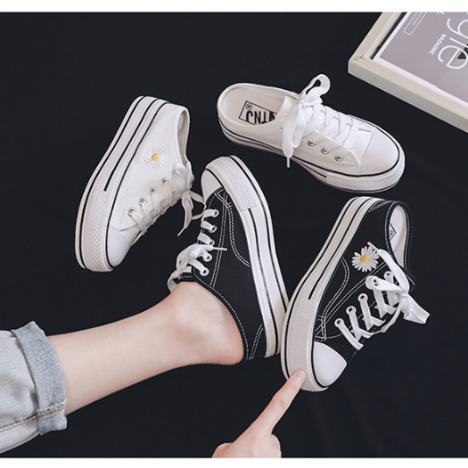 Gobra ♕ SEP031 (Tanpa Kotak) Sepatu Sneakers Wanita Setengah Motif Bunga Daisy Sporty Bahan Kanvas Model Korea Fashion Casual Sport Olahraga Import COD