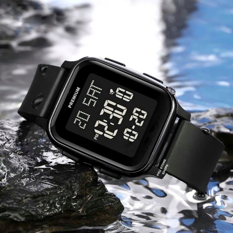 Jam Tangan Pria Digital Premium Unisex Water Proff Strap Rubber Persegi Panjang Mewah Elegan Sporty Olahraga Berkualitas Murah Realpict Dojamin Sesuqi Foto