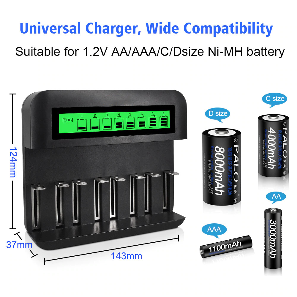 PALO Charger Baterai 8 Slot Large LCD for AA AAA SC C D