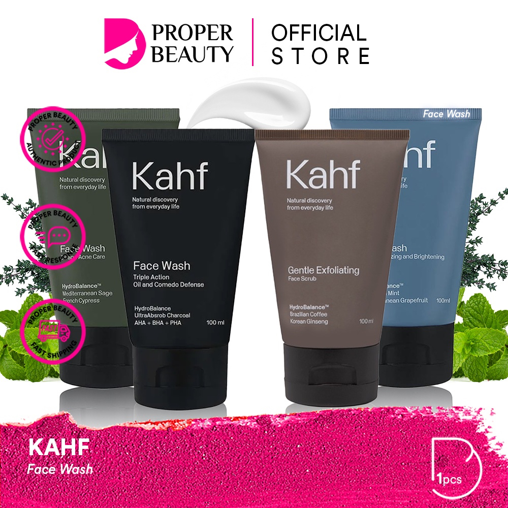 KAHF Facial Wash Indonesia / Sabun Wajah Pria 100ml / Skin Energizing Cooling And Brightening Triple Action Oil Comedo Defense Acne Gentle Exfoliating Scrub / Pembersih Pencuci Cuci Muka Jerawat Moisturizer/ Skincare Face Care / Man Cowo Cowok Paket Set