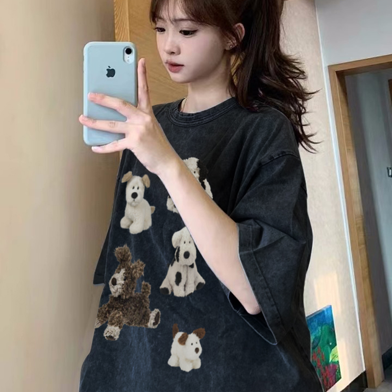 Print Washed T-shirt Kaos Lengan Pendek Oversize Cartoon Cow Dog Korean Style Atasan Wanita