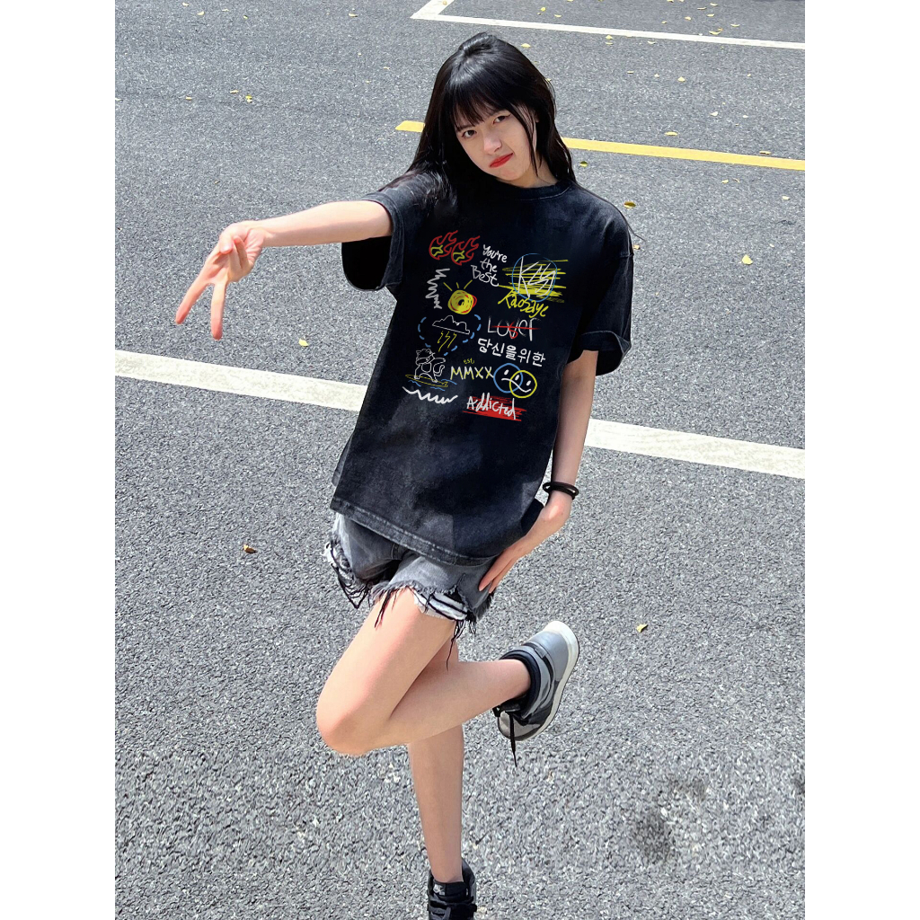 EUNII T-shirt Lengan Pendek Black Washed Cartoon Graffiti Printing Korean Style/Kaos Atasan Wanita/Baju Wanita/Kaos Wanita