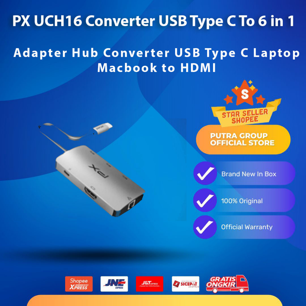 Adapter Hub Converter USB Type C Laptop Macbook to HDMI 6 in1 PX UCH16