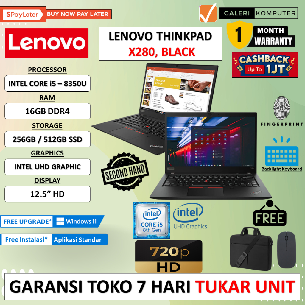 Laptop Kantor Lenovo Thinkpad X280 Intel i5 8250U 8GB 256GB SSD FHD IPS Touchscreen Windows 10 Pro