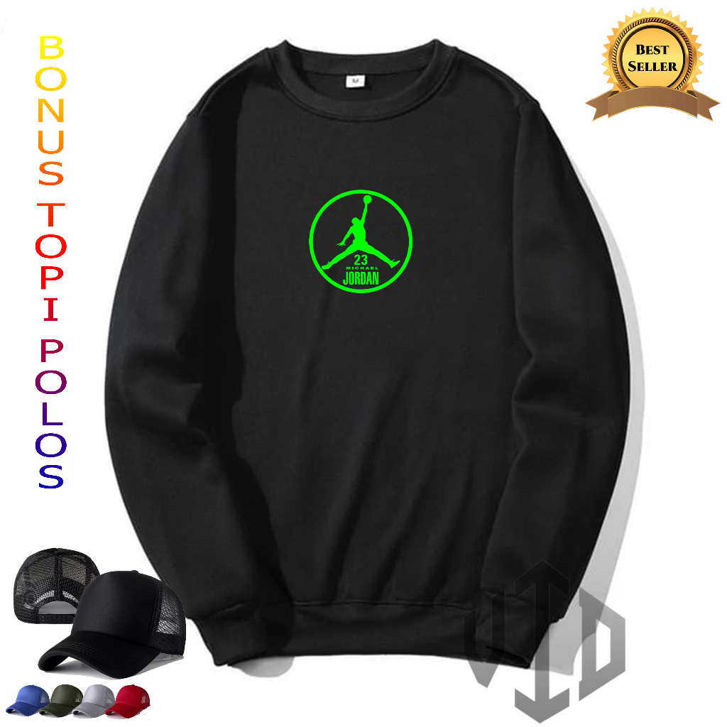 BONUS TOPI...Sweater CrewnecK JORDAN BULAT Motif NEON GREEN+TOPI//Sweatshirt Hoodie Pria/Wanita//Swi